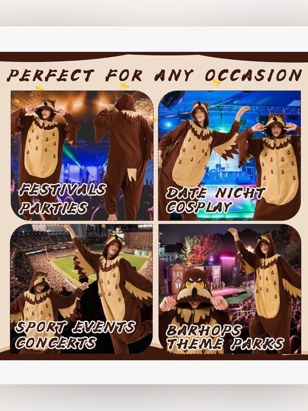 Halloween Brown Owl Adults Onesie - Cozy Hooded Jumpsuit - Picture 4 of 14
